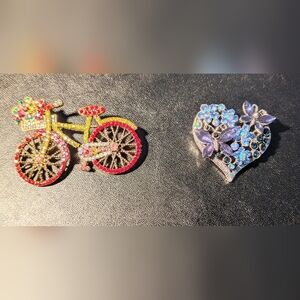 Sparkling Bicycle and Butterfly Heart Brooch Set